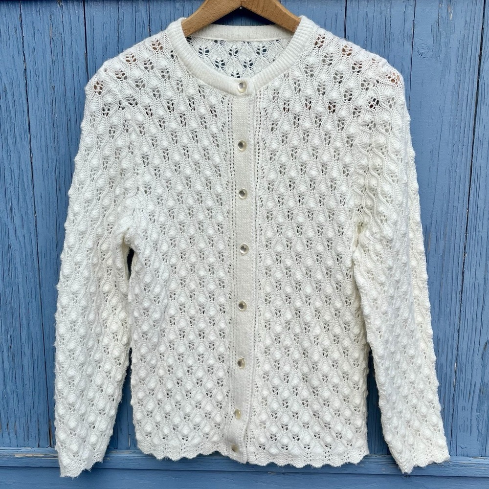 Vintage Wintuk Style Ivory Bubble Knit Cardigan Pearl Button Down Women's S/M
